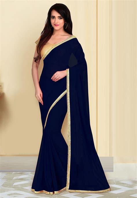 navy blue saree with silver work|navy blue plain saree.